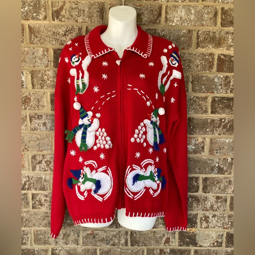 Vtg Tiara International Cardigan Sweater Red Snowmen 3D  Large
